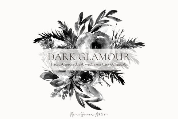 Black White Watercolor Floral Bouquet Illustrations