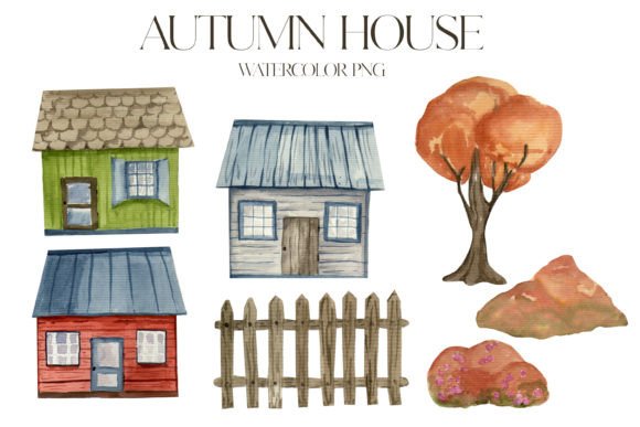 Clipart Watercolor Autumn House Illustrations for Cozy Branding