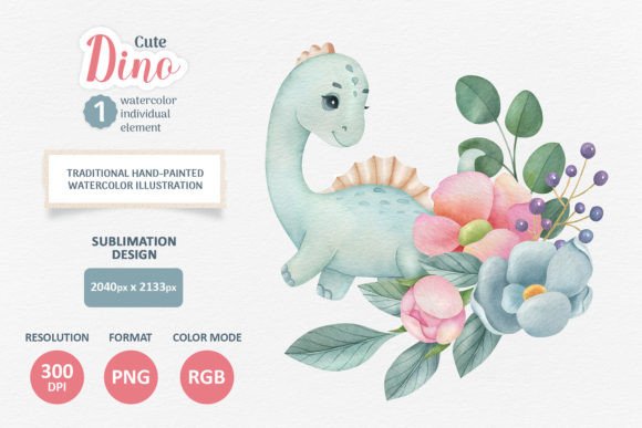 Cute Dino Watercolor PNG Illustration for Bloggers & Publishers