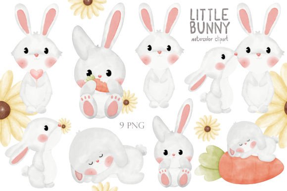 Cute Grey Bunny Watercolor Clipart & Illustrations