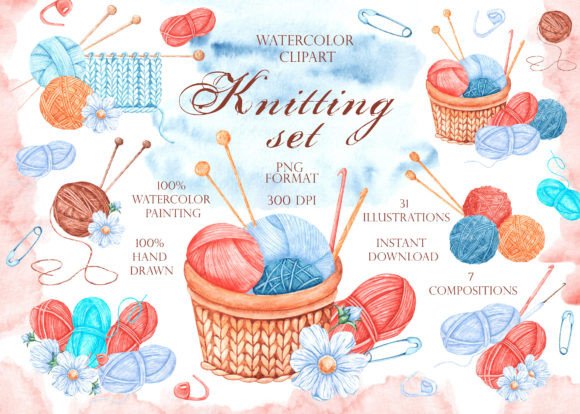 Knitting Watercolor Clipart. Needlework for Branding and Marketing: A Designer’s Real-World Review