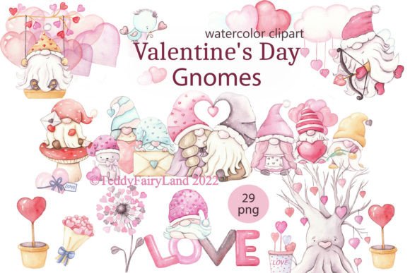Valentine's Day Gnomes Watercolor PNG & Illustrations