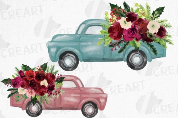 Watercolor Burgundy Red and Pine Trucks Illustrations for Digital Sellers