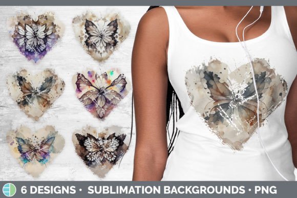 Watercolor Butterfly Heart Distressed Illustrations