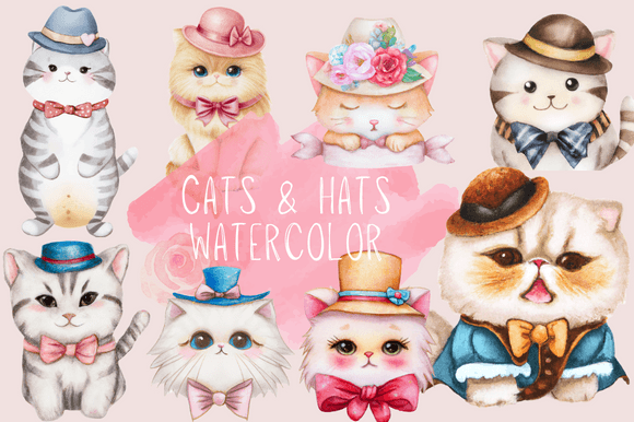 Watercolor Cat with Hat Flower Clipart & Illustrations