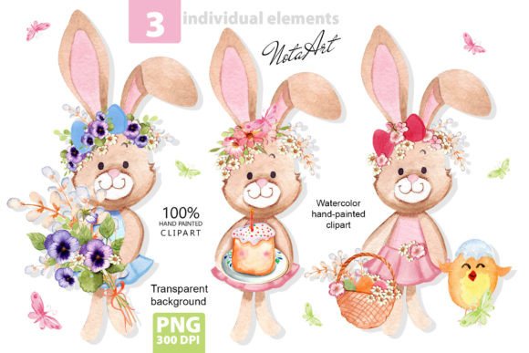 Watercolor Easter Bunny with Eggs Illustrations