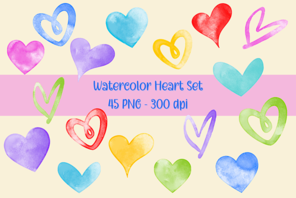 Watercolor Heart Set: 45 PNG Illustrations