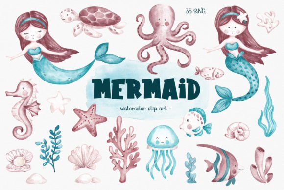 Watercolor Mermaid Clip Art & Illustrations