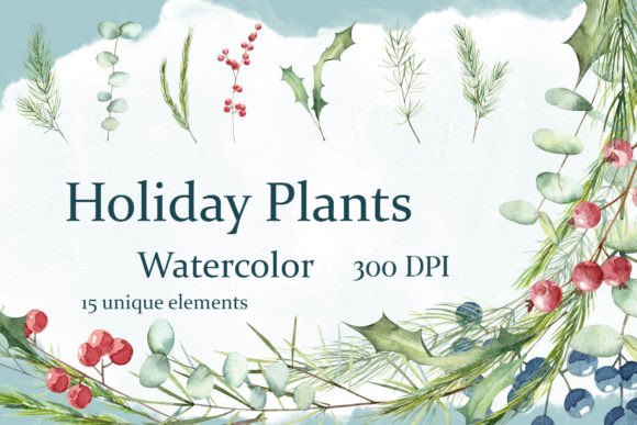 Watercolor Winter Holiday Plants Set: Festive Illustrations for Seasonal Branding