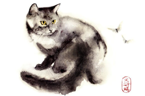 Watercolor Zen Art, Cat Butterfly: A Delicate Illustration for Soft, Feminine Branding